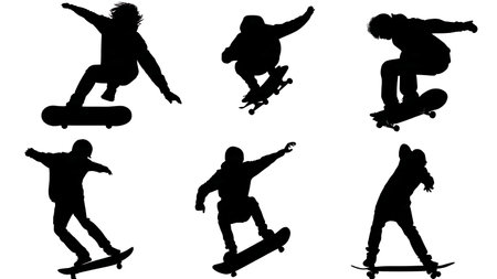 Black Solid Skateboarder Coffin Silhouettes Set of Six on White Background isolated on plain white background.のイラスト素材