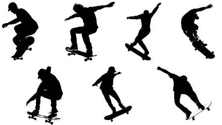 Black Solid Skateboarder Wallride Silhouettes Set of Six on White Background isolated on plain white background.のイラスト素材