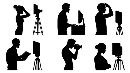 Black Solid Streamer Webcam Silhouettes Set of Six on White Background isolated on plain white background.のイラスト素材