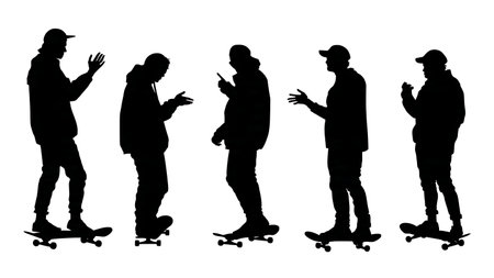 Black Solid Skater Conversation Silhouettes Set of Six on White Background isolated on plain white background.のイラスト素材