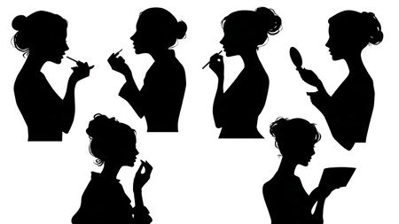 Black Solid Blogger Lipstick Mirror Silhouettes Set of Six on White Background isolated on plain white background.のイラスト素材