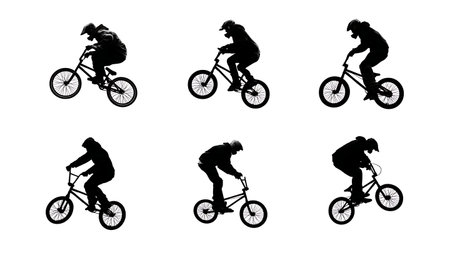 Black Solid BMX Tabletop Silhouettes Set of Six on White Background isolated on plain white background.のイラスト素材