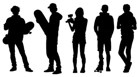 Black Solid Blogger Skateboard Silhouettes Set of Six on White Background isolated on plain white background.のイラスト素材