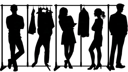 Black Solid Blogger Clothing Rack Silhouettes Set of Six on White Background isolated on plain white background.のイラスト素材