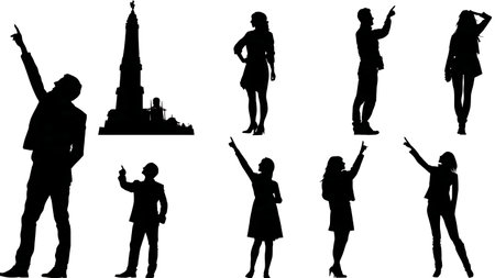 Black Solid Blogger Pointing Landmark Silhouettes Set of Six on White Background isolated on plain white background.のイラスト素材