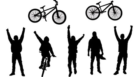 Black Solid BMX Lifting Bike Silhouettes Set of Six on White Background isolated on plain white background.のイラスト素材