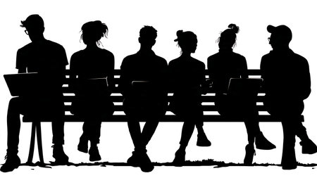 Black Solid Blogger Park Bench Silhouettes Set of Six on White Background isolated on plain white background.のイラスト素材