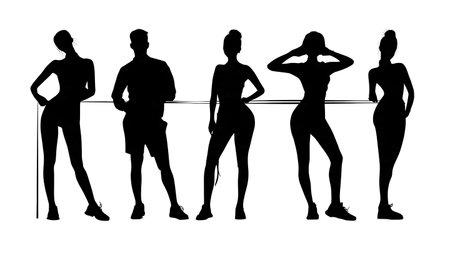 Black Solid Blogger Measuring Waist Silhouettes Set of Six on White Background isolated on plain white background.のイラスト素材