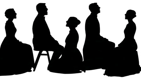 Black Solid Choir Seated Look Silhouettes Set of Six on White Background isolated on plain white background.のイラスト素材