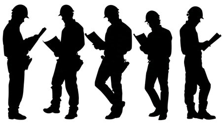 Black Solid Engineer Leaning Wall Silhouettes Set of Six on White Background isolated on plain white background.のイラスト素材