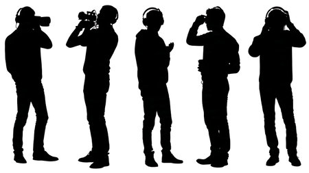 Black Solid Cameraman Audio Check Silhouettes Set of Six on White Background isolated on plain white background.のイラスト素材