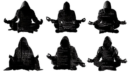 Black Solid Hacker Meditating Silhouettes Set of Six on White Background isolated on plain white background.のイラスト素材