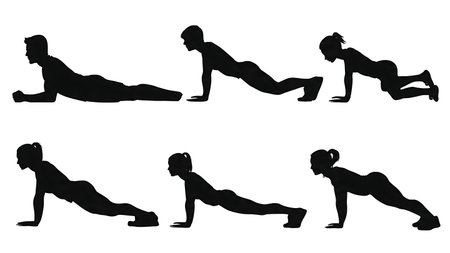 Black Solid Blogger Plank Exercise Silhouettes Set of Six on White Background isolated on plain white background.のイラスト素材