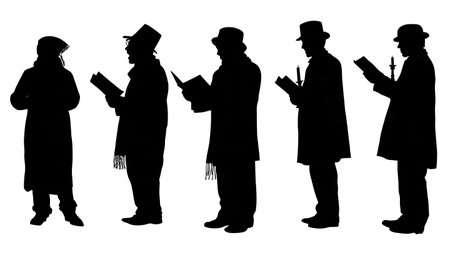 Black Solid Christmas Caroler Silhouettes Set of Six on White Background isolated on plain white background.のイラスト素材