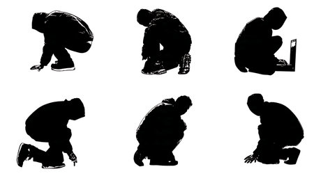 Black Solid Hacker Doormat Search Silhouettes Set of Six on White Background isolated on plain white background.のイラスト素材