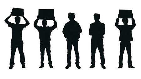 Black Solid Gamer Holding GPU Silhouettes Set of Six on White Background isolated on plain white background.のイラスト素材