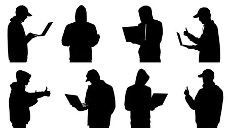 Black Solid Hacker Thumbs Up Silhouettes Set of Six on White Background isolated on plain white background.のイラスト素材
