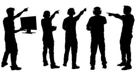 Black Solid Gamer Pointing Screen Silhouettes Set of Six on White Background isolated on plain white background.のイラスト素材