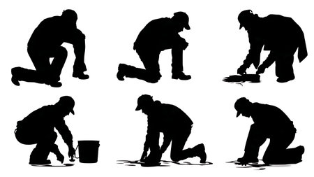 Black Solid Painter Cleaning Spill Silhouettes Set of Six on White Background isolated on plain white background.のイラスト素材