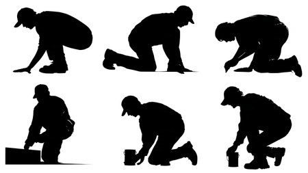 Black Solid Painter Crouching Skirting Silhouettes Set of Six on White Background isolated on plain white background.のイラスト素材