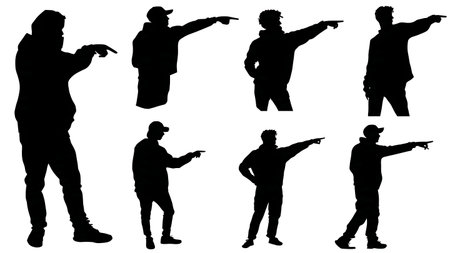 Black Solid Gamer Pointing Screen Silhouettes Set of Six on White Background isolated on plain white background.のイラスト素材