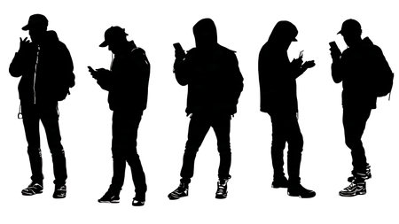 Black Solid Mobile Hacker Silhouettes Set of Six on White Background isolated on plain white background.のイラスト素材