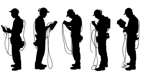 Black Solid Network Technician Tester Silhouettes Set of Six on White Background isolated on plain white background.のイラスト素材