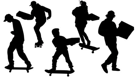 Black Solid Skater Pizza Silhouettes Set of Six on White Background isolated on plain white background.のイラスト素材