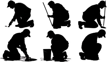 Black Solid Painter Cleaning Spill Silhouettes Set of Six on White Background isolated on plain white background.のイラスト素材