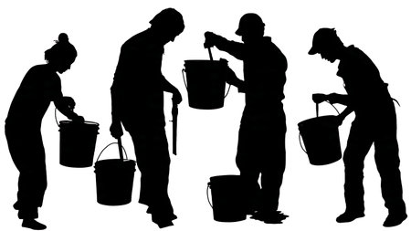 Black Solid Painter Pouring Bucket Silhouettes Set of Six on White Background isolated on plain white background.のイラスト素材