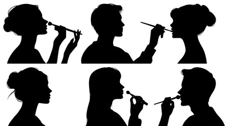 Black Solid Makeup Artist Brush Silhouettes Set of Six on White Background isolated on plain white background.のイラスト素材
