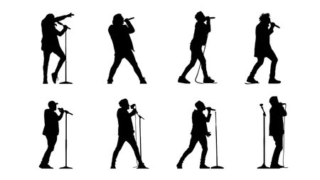 Black Solid Rock Choir Silhouettes Set of Six on White Background isolated on plain white background.のイラスト素材