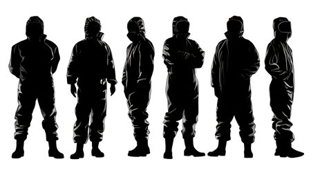 Black Solid Painter Tyvek Suit Silhouettes Set of Six on White Background isolated on plain white background.のイラスト素材