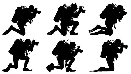Black Solid Underwater Photographer Strobe Silhouettes Set of Six on White Background isolated on plain white background.のイラスト素材