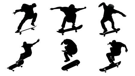 Black Solid Skateboarder Kickflip Silhouettes Set of Six on White Background isolated on plain white background.のイラスト素材