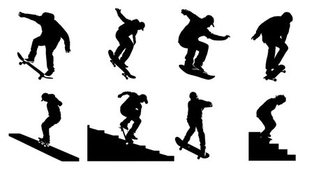 Black Solid Skateboarder Firecracker Silhouettes Set of Six on White Background isolated on plain white background.のイラスト素材