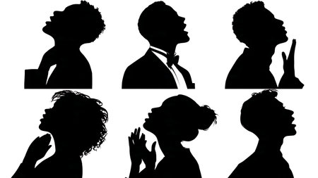 Black Solid Choir Massage Jaw Silhouettes Set of Six on White Background isolated on plain white background.のイラスト素材