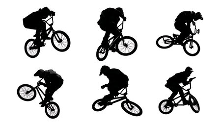 Black Solid BMX Tailwhip Silhouettes Set of Six on White Background isolated on plain white background.のイラスト素材