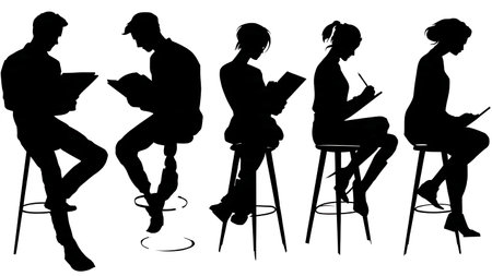 Black Solid Architect Sitting Sketch Silhouettes Set of Six on White Background isolated on plain white background.のイラスト素材