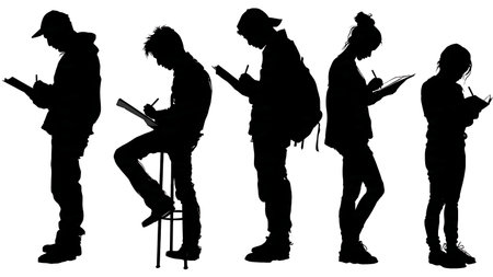 Black Solid Blogger Writing Notebook Silhouettes Set of Six on White Background isolated on plain white background.のイラスト素材