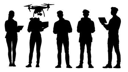 Black Solid Blogger Drone Controller Silhouettes Set of Six on White Background isolated on plain white background.のイラスト素材