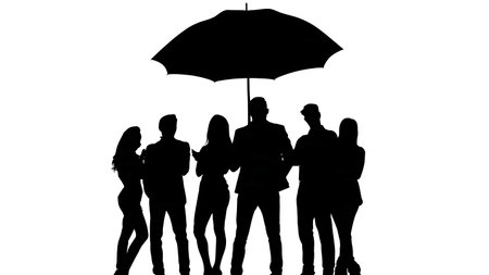 Black Solid Blogger Umbrella Rain Silhouettes Set of Six on White Background isolated on plain white background.のイラスト素材