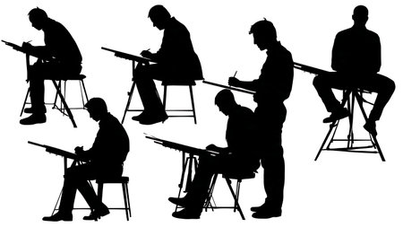 Black Solid Architect Sitting Table Silhouettes Set of Six on White Background isolated on plain white background.のイラスト素材