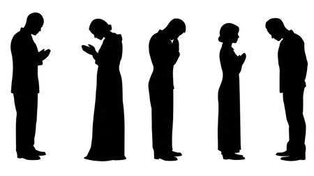 Black Solid Choir Bowing Head Silhouettes Set of Six on White Background isolated on plain white background.のイラスト素材