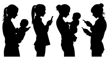 Black Solid Mommy Blogger Multitasking Silhouettes Set of Six on White Background isolated on plain white background.のイラスト素材