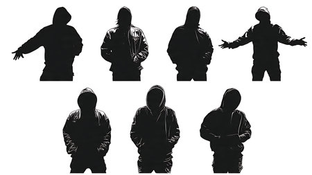 Black Solid Gamer Hoodie Dark Silhouettes Set of Six on White Background isolated on plain white background.のイラスト素材