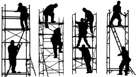 Black Solid Painter Scaffold Stairs Silhouettes Set of Six on White Background isolated on plain white background.のイラスト素材