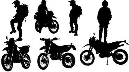 Black Solid Adventure Motorcycling Silhouettes Set of Six on White Background isolated on plain white background.のイラスト素材
