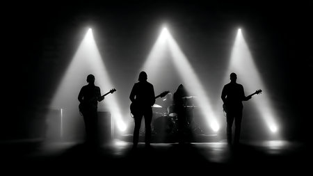 Black Solid Band Stage Lights Silhouettes Set of Six on White Background isolated on plain white background.のイラスト素材