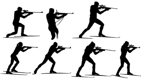 Black Solid Biathlon Silhouettes Set of Six on White Background isolated on plain white background.のイラスト素材